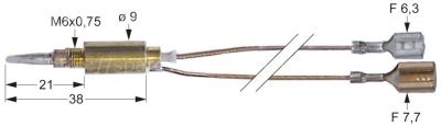 Thermocouple with two-conductors L 750mm M6x0.75 F 7.7mm F 6.3mm