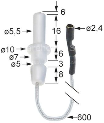 Ignition electrode D1 ø 5,5mm D2 ø 7mm connection ø2.4mm cable l