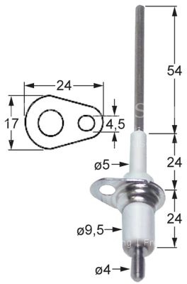 Ignition electrode flange length 24mm flange width 17mm D1 ø 5mm