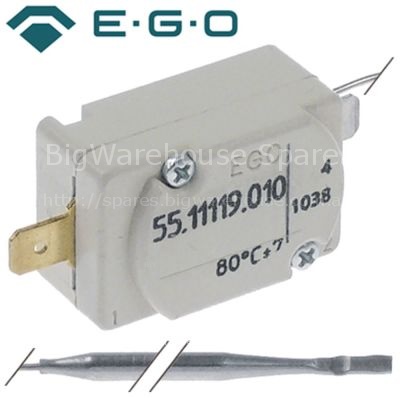 Safety thermostat switch-off temp. 80°C 1-pole 1NC 16A probe ø 4