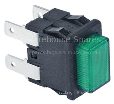 Push switch mounting measurements 19x13mm square green 2NO 250V