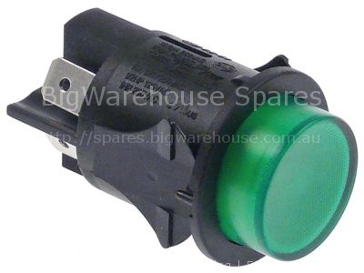 Push switch mounting measurements ø25mm round green 2NO 250V 16A
