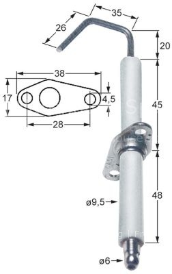 Ignition electrode flange length 38mm flange width 17mm D1 ø 9,5